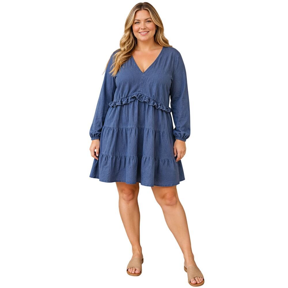NWT eloquii sz 16 denim teired ruffle mini dress long sleeve peasant v neck NEW